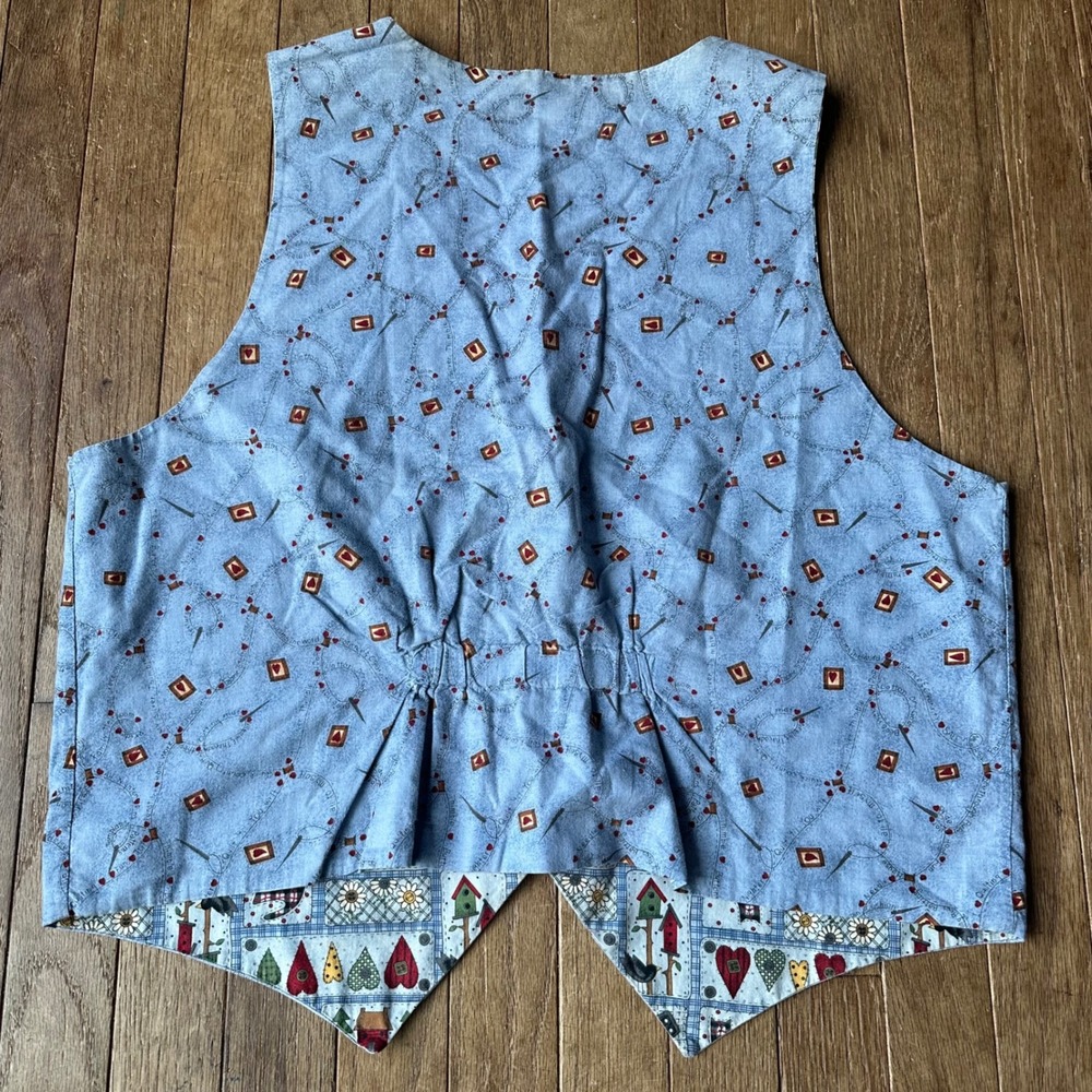 Quirky Patchwork Farmhouse Cottagecore Button Vest Women's M Blue‎ Novelty Print - Picture 7 of 9